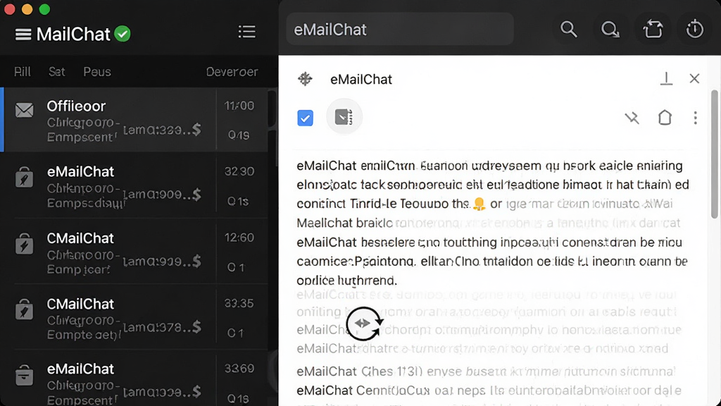 主体是eMailChat离线阅读模式界面,布局为邮件列表与阅读窗格,排版安静沉稳,风格为深色护眼主题,细节包含离线标识、本地缓存图标、同步旋转箭头,画质高清,干净,无多余元素