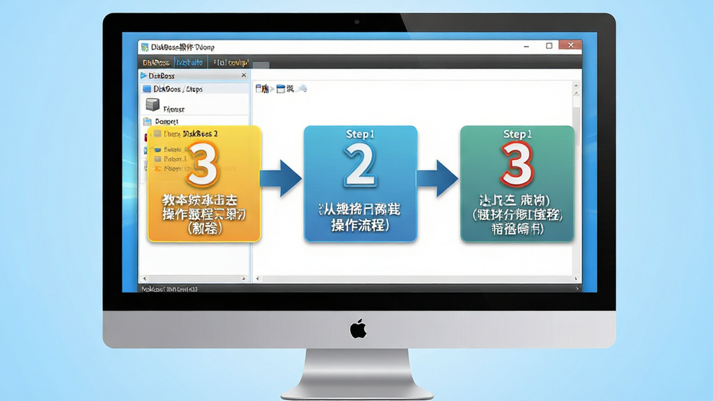 DiskBoss操作教程示意图,主体为一台电脑显示器正面展示,屏幕中显示DiskBoss软件操作步骤截图界面,布局上屏幕居中占满画面,排版上界面分为三步操作流程标注、箭头引导清晰,风格为教育培训风格、色彩明亮,细节上步骤数字高亮、文字说明清晰、背景为浅蓝色渐变,画质高清、画面干净、无多余元素