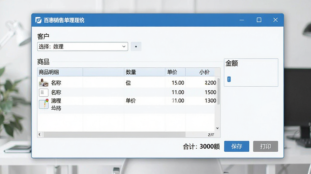 一张展示销售开单流程的软件界面图,画面主体为百惠销售单管理系统的开单窗口,窗口内包含客户选择栏、商品明细表格与金额汇总区域,表格中有三行商品数据,每行显示商品名称、数量、单价和小计,底部显示合计金额,界面右侧有保存与打印按钮,画面风格为清爽的办公软件界面,配色以蓝白为主,细节清晰,画质干净,无多余装饰元素