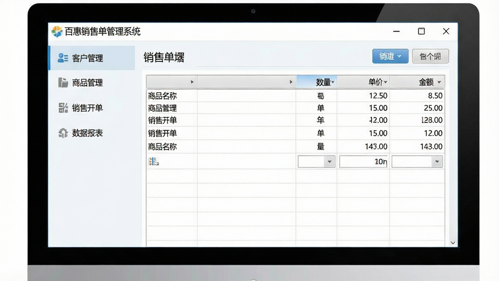 一张展示百惠销售单管理系统电脑端主界面的预览图,画面中央是软件操作窗口,左侧为功能导航菜单,包含客户管理、商品管理、销售开单、数据报表等模块入口,右侧主工作区显示一张正在编辑的销售单据表格,表格中包含商品名称、数量、单价与金额合计等字段,窗口顶部有软件名称“百惠销售单管理系统”字样,整体布局清晰规整,风格为简洁商务的浅色界面,细节包括表格线、按钮图标与数据数字,画质清晰,画面干净,无多余元素
