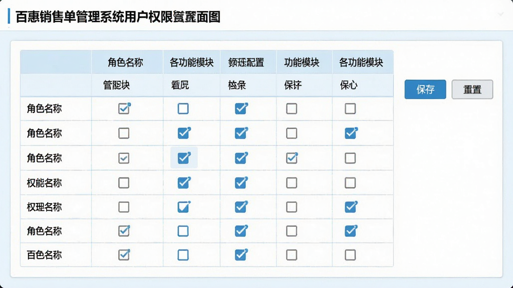 一张展示百惠销售单管理系统用户权限设置界面的示意图,画面中为权限配置表格,行列为不同角色名称,列为各功能模块的勾选框,部分勾选框处于选中状态,界面右侧有保存与重置按钮,整体风格为简洁的管理后台样式,配色以白色与浅蓝色为主,细节包括表头文字、复选框与角色标签,画质清晰,画面干净,无多余元素