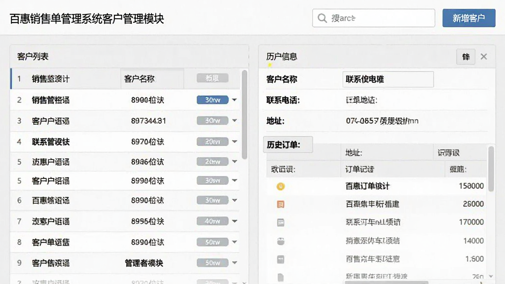 一张展示百惠销售单管理系统客户管理模块的界面截图,画面左侧为客户列表,右侧显示选中客户的详细信息,包括客户名称、联系电话、地址与历史订单记录,界面顶部有搜索框与新增客户按钮,整体布局为左右分栏结构,风格为简约商务的浅灰色调,细节包括列表行、字段标签与操作按钮,画质清晰,画面干净,无多余元素