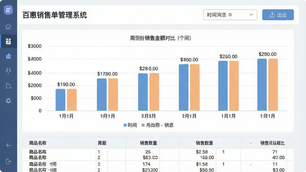一张展示百惠销售单管理系统数据报表页面的预览图,画面中央为柱状图与数据表格并列排布,柱状图显示不同月份的销售金额对比,下方表格列出商品名称与销售数量,界面顶部有时间筛选下拉框与导出按钮,整体风格为现代数据看板样式,配色柔和,细节包括坐标轴标签、数据数值与图例,画质清晰,画面干净,无多余元素