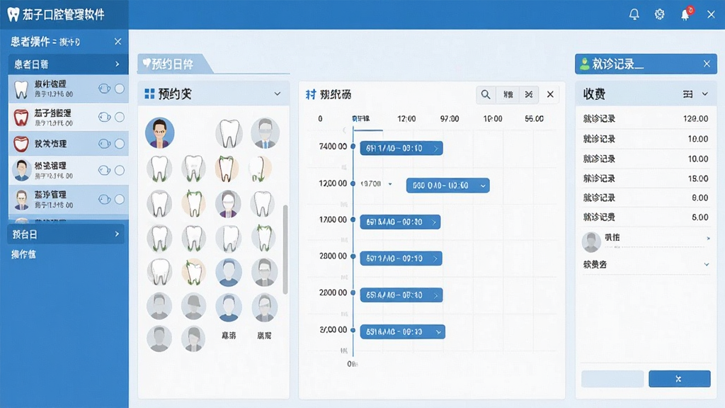 茄子口腔管理软件主界面全景展示,画面中央是软件操作界面,左侧为患者列表和预约日历,右侧为就诊记录与收费面板,界面采用蓝白配色,布局清晰整齐,风格简洁专业,细节包括牙齿图标、预约时间轴、患者头像占位,画质清晰,干净,无多余元素