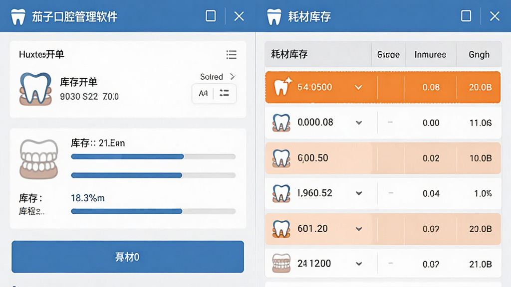 茄子口腔管理软件收费与库存界面,画面左侧为收费开单面板,右侧为耗材库存列表,库存不足的项目用橙色高亮提示,界面风格商务简洁,蓝白灰配色,布局为左右分栏,细节有牙齿图标和库存进度条,画质清晰,干净,无多余元素