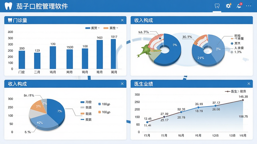 茄子口腔管理软件数据统计报表界面,画面展示多张图表,包括柱状图、饼图和折线图,分别呈现门诊量、收入构成和医生业绩,界面风格专业清晰,蓝白配色,布局为仪表盘式排列,细节有牙齿图标和数据标签,画质清晰,干净,无多余元素