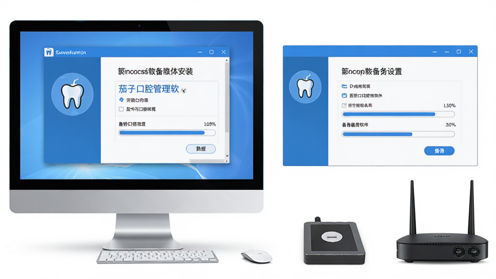 茄子口腔管理软件安装与备份操作示意图,画面展示电脑屏幕上软件安装向导和数据备份设置界面,旁边有移动硬盘和路由器,界面风格简洁清晰,蓝白配色,布局为左右分栏,细节有牙齿图标和备份进度条,画质清晰,干净,无多余元素