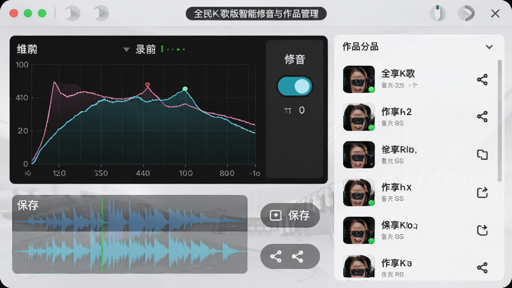 全民K歌主播版智能修音与作品管理界面展示,主体为录歌后期处理页面,布局包含音准曲线图、修音开关、作品列表,排版专业简洁,风格音频工作站质感,细节有波形显示、保存按钮、分享图标,画质高清,干净整洁,无多余元素