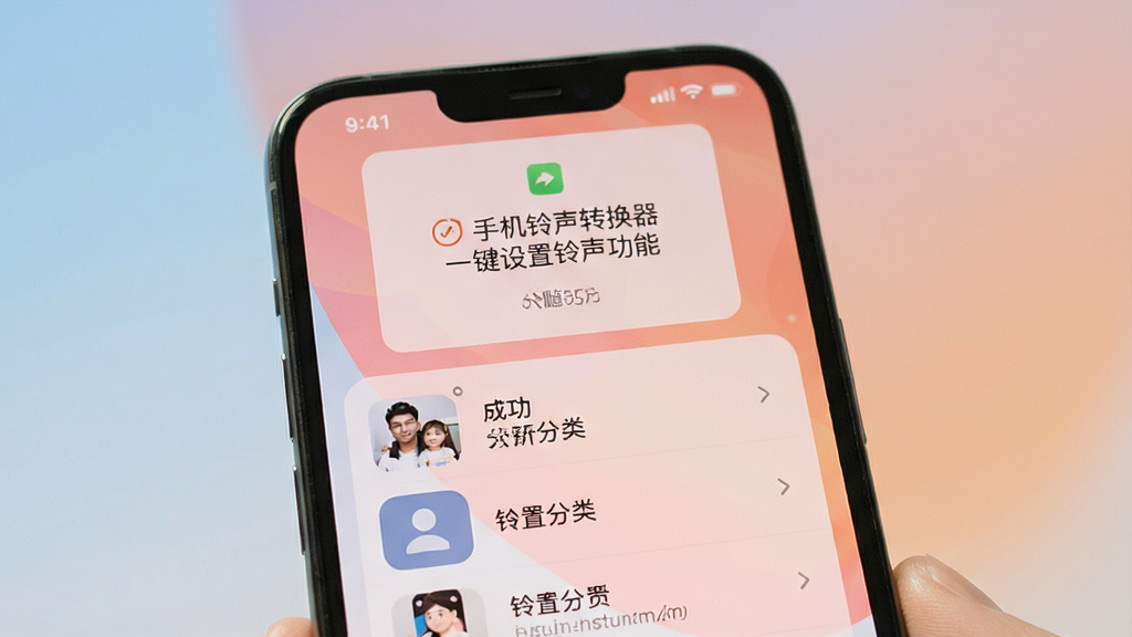 手机铃声转换器一键设置铃声功能展示,画面为手机屏幕界面,显示设置成功提示与铃声分类选项,背景为柔和渐变色调,风格现代简洁,细节清晰,画质干净无杂乱元素