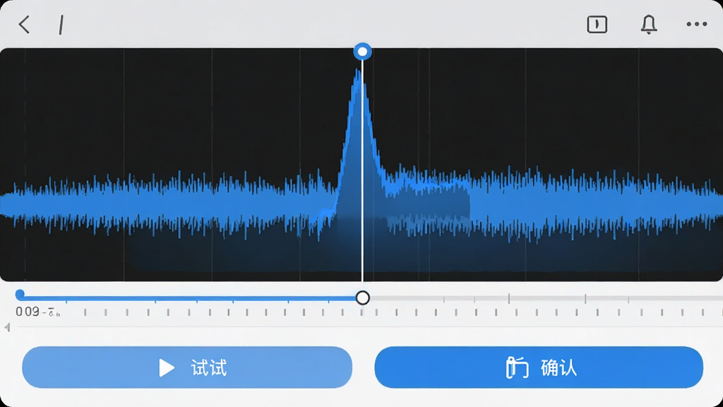 手机铃声转换器铃声剪辑界面,画面显示音频波形图与时间轴,光标定位在高峰片段,下方有播放试听按钮与裁剪确认按钮,界面风格清新简约,蓝色高亮选中区域,画质清晰干净