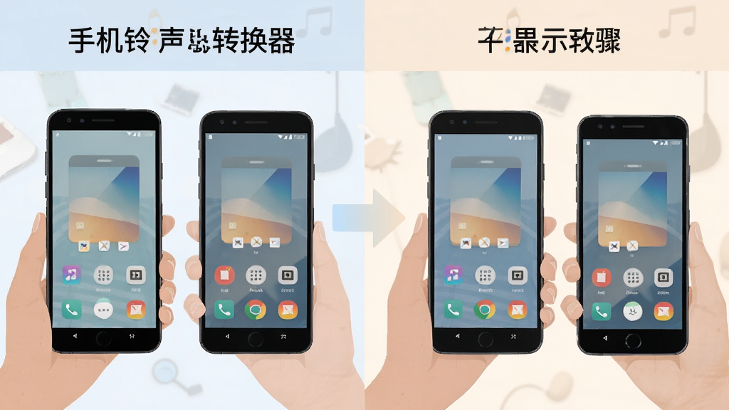 手机铃声转换器使用教程示意图,画面分为左右两部分,左侧展示安卓手机操作步骤,右侧展示苹果手机操作步骤,中间用箭头连接,风格为扁平化信息图,色调柔和,细节清晰,画质干净