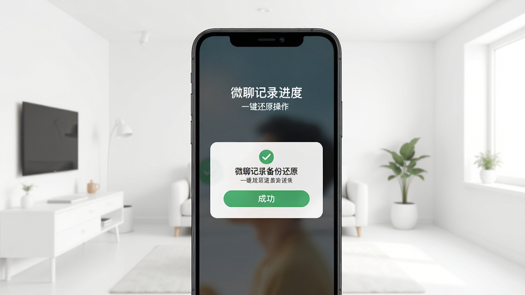 微聊记录备份还原一键还原操作界面图,画面展示手机屏幕上的还原进度提示和成功提示框,背景为简洁的白色房间,风格清新明快,细节清晰,画质干净,无多余元素。