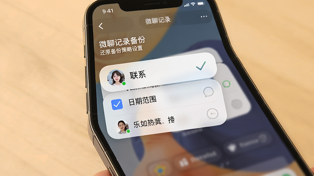 微聊记录备份还原备份策略设置界面图,手机屏幕显示勾选联系人和日期范围的选项,背景为柔和暖色调,风格简约,细节到位,画质干净,无多余元素。