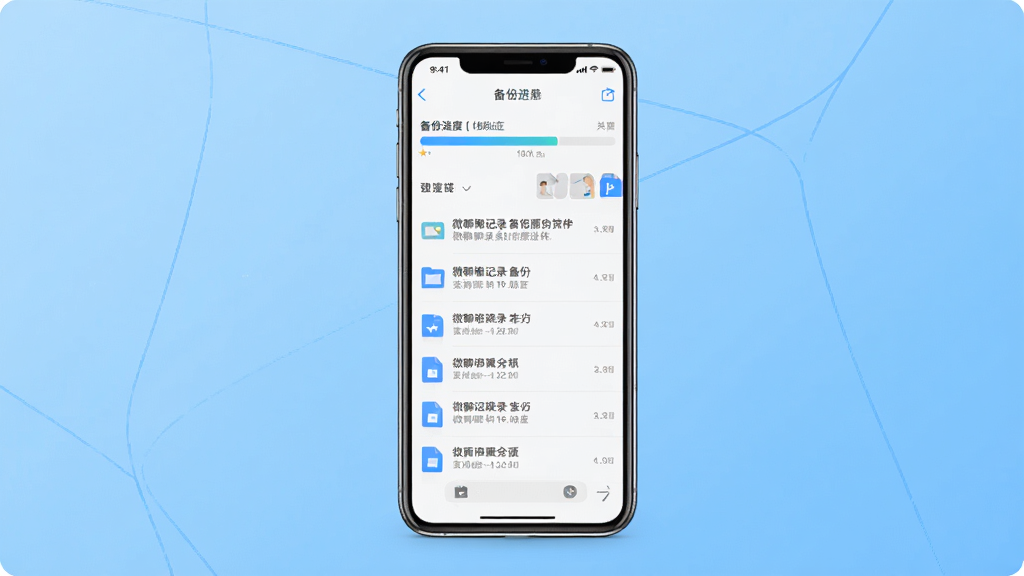 微聊记录备份还原软件主界面预览图,画面中央展示一部智能手机,手机屏幕上显示着聊天记录备份进度条和文件列表,背景为干净的浅蓝色渐变,风格简洁现代,细节清晰,画质干净,无多余元素,整体构图平衡,适合作为软件介绍首图。