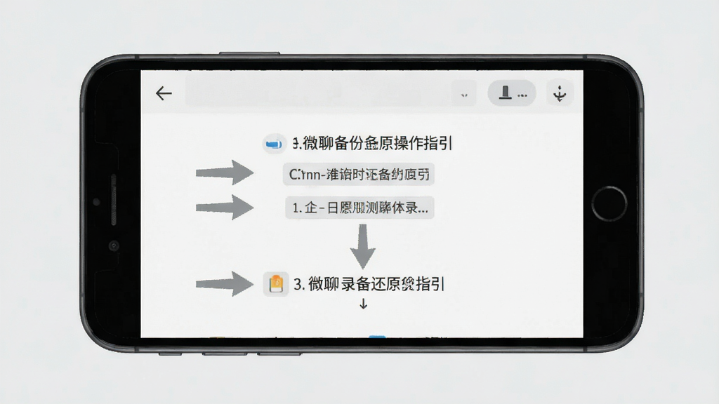 微聊记录备份还原操作指引界面图,手机屏幕显示步骤提示和箭头引导,背景为干净的浅灰色,风格扁平化,细节清晰,画质干净,无多余元素。