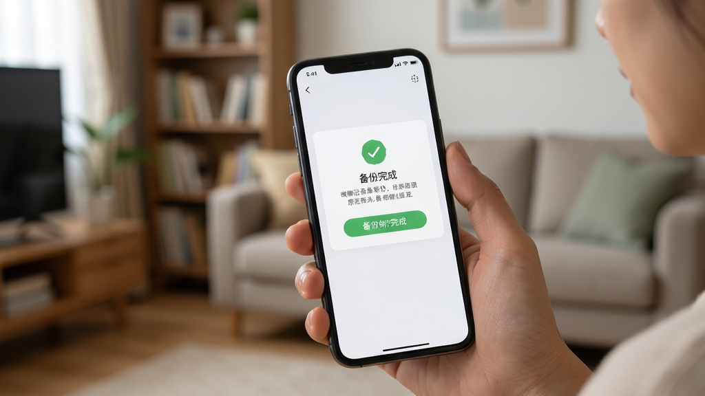 微聊记录备份还原移动端操作场景图,画面展示用户手持手机在室内使用软件,屏幕显示备份完成提示,背景为居家环境,风格自然写实,细节丰富,画质干净,无多余元素。