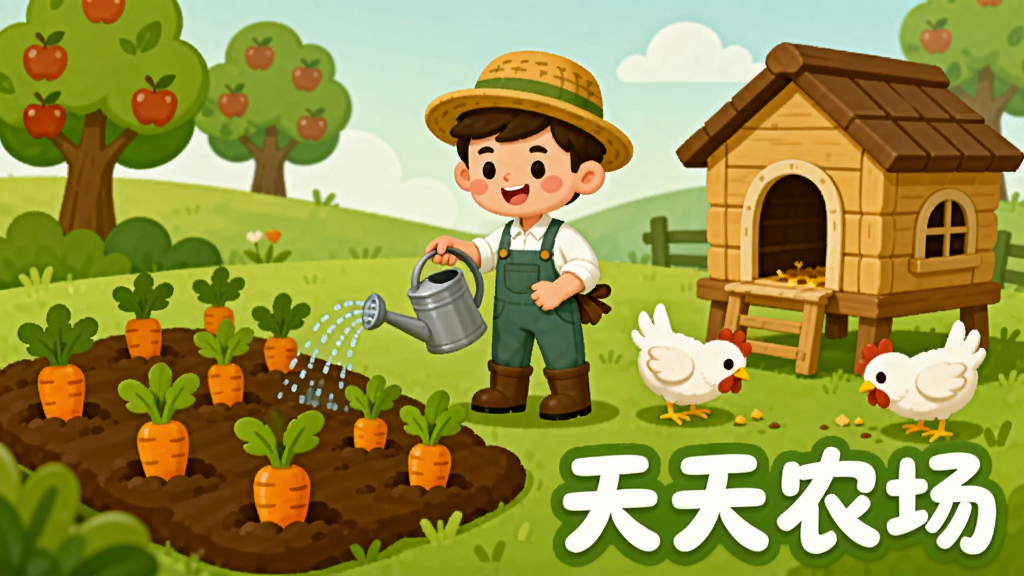 一幅卡通风格的农场种植场景图,画面左侧是一片刚发芽的胡萝卜地,右侧是一个木质鸡舍,几只白色母鸡正在啄食,画面中央有一位穿着背带裤的卡通农场主正在提着水壶浇水,背景是绿色的山坡和几棵苹果树,画面右下角用白色圆润字体标注“天天农场”,整体风格清新明快,色彩以绿色和暖黄色为主,画质干净清晰,无杂乱元素。