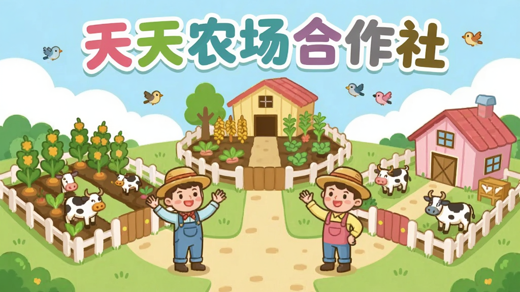 一幅卡通风格的农场社交场景图,画面中有三座相邻的农场小院,每座院子都有不同的作物和动物,画面中央有一条小路连接三个院子,路上站着三位卡通农场主正在互相挥手打招呼,天空中有几只小鸟飞过,画面顶部用彩色圆润字体写着“天天农场合作社”,整体风格温馨活泼,色彩以浅绿、天蓝和粉色为主,画质清晰干净,无多余装饰。