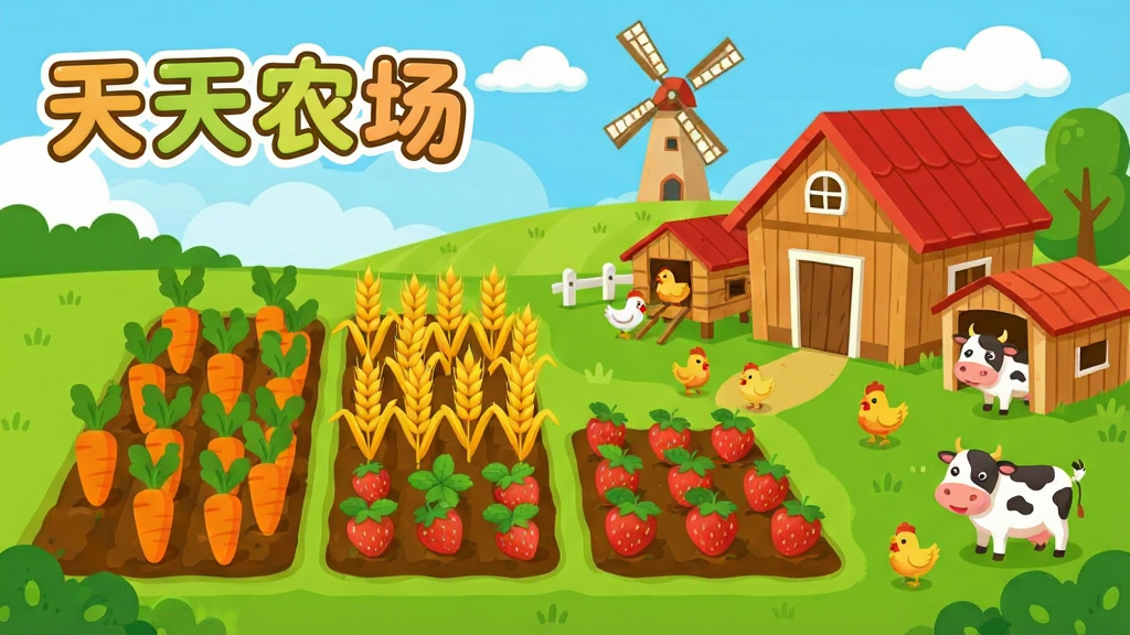 一幅清新明亮的卡通风格农场全景图,画面中央是一大片整齐的农田,田里种着胡萝卜、小麦和草莓,农田旁边有一座红色屋顶的木质农舍,农舍前有鸡舍和牛棚,几只卡通小鸡和奶牛在草地上走动,远处有风车和蓝天白云,画面左上角用圆润可爱的字体写着“天天农场”,整体采用扁平化插画风格,色彩以绿色、黄色和橙色为主,细节丰富,画质清晰干净,无多余元素,适合作为游戏宣传图。
