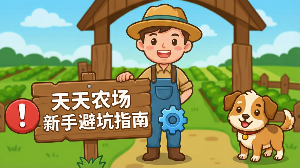 一幅卡通风格的新手引导场景图,画面中一位卡通农场主站在农场入口,面前有一块木制告示牌,牌子上用白色字体写着“天天农场新手避坑指南”,告示牌旁边有一个红色感叹号图标和一个蓝色齿轮图标,背景是绿色的农田和蓝天,画面右侧有一只卡通小狗在摇尾巴,整体风格简洁明快,色彩以绿色、棕色和蓝色为主,画质清晰干净,无多余元素。