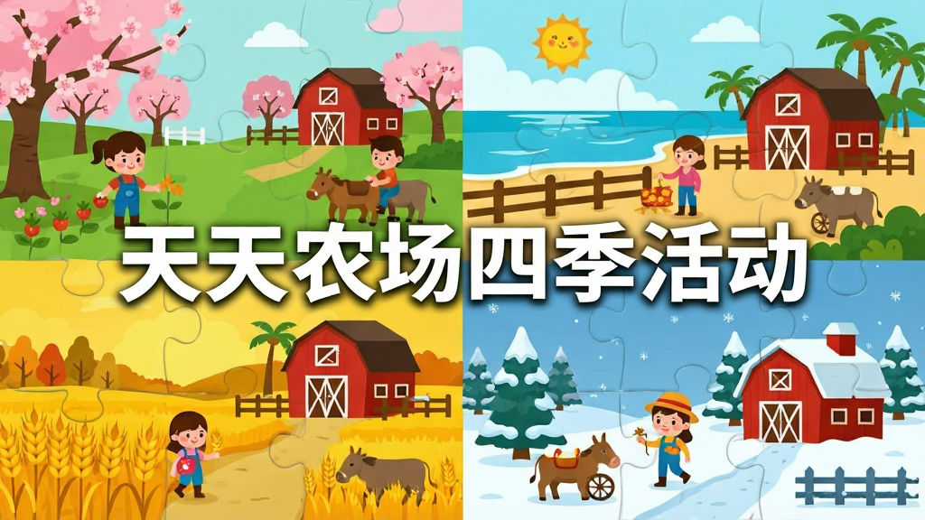 一幅卡通风格的四季农场活动拼图,画面分为四个区域,左上角是春季樱花盛开的农场,右上角是夏季海滩旁的农场,左下角是秋季金色麦田的农场,右下角是冬季白雪覆盖的农场,每个区域都有对应的活动装饰和卡通人物,画面中央用白色粗体字写着“天天农场四季活动”,整体风格统一为扁平插画,色彩丰富但不刺眼,画质清晰干净,无多余元素。