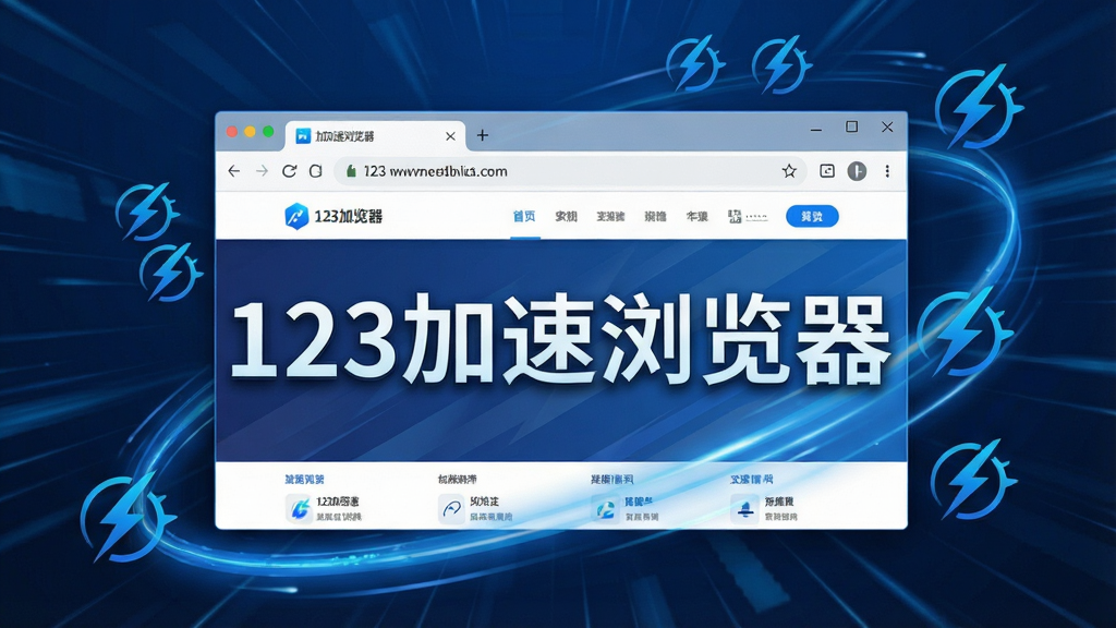 一张展示123加速浏览器主界面的图片,画面中央是浏览器窗口,顶部有地址栏和标签页,页面显示简洁的导航主页,周围环绕着速度线条和加速图标,整体风格现代科技感,蓝色调为主,细节清晰,画质干净,无多余元素,图片中打文字“123加速浏览器”。