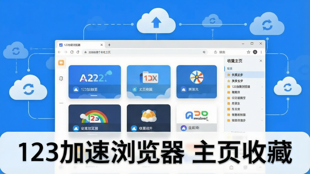 一幅展示123加速浏览器个性化主页与收藏同步功能的图片,画面中心是浏览器主页界面,上面排列着多个网站图标卡片,旁边有收藏夹侧边栏,背景是云同步图标和连接线,风格清新明亮,蓝白配色,细节清晰,画质干净,无多余元素,图片中打文字“123加速浏览器 主页收藏”。