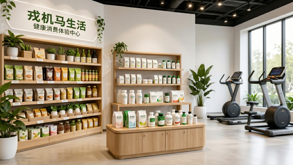 戎马生活健康消费体验中心场景,展示有机食品货架、营养保健品陈列、健身器材体验区,画面明亮整洁,配以绿色植物点缀,风格清新自然,细节丰富,画质清晰,干净无多余元素