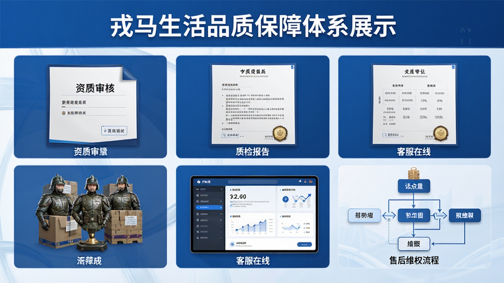 戎马生活品质保障体系展示,画面中包含资质审核文件、质检报告、客服在线界面、售后维权流程图,采用蓝色调商务风格,布局清晰,细节丰富,画质高清,干净无多余元素