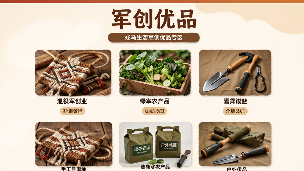 戎马生活军创优品专区页面,展示退役军人创业产品如手工编织品、绿色农产品、户外工具等,页面采用暖色调设计,商品图片清晰精美,配以“军创优品”文字标识,布局整齐,风格温馨,画质高清,干净无多余元素
