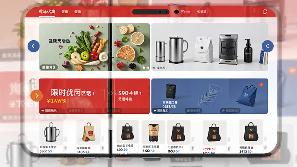 戎马生活电商平台首页展示,手机屏幕中呈现整洁的商品分类布局,上方轮播图展示健康食品与日用百货,中部为限时优惠专区,下方排列各类商品缩略图,整体采用红蓝配色,风格简洁大气,画质清晰,干净无多余元素