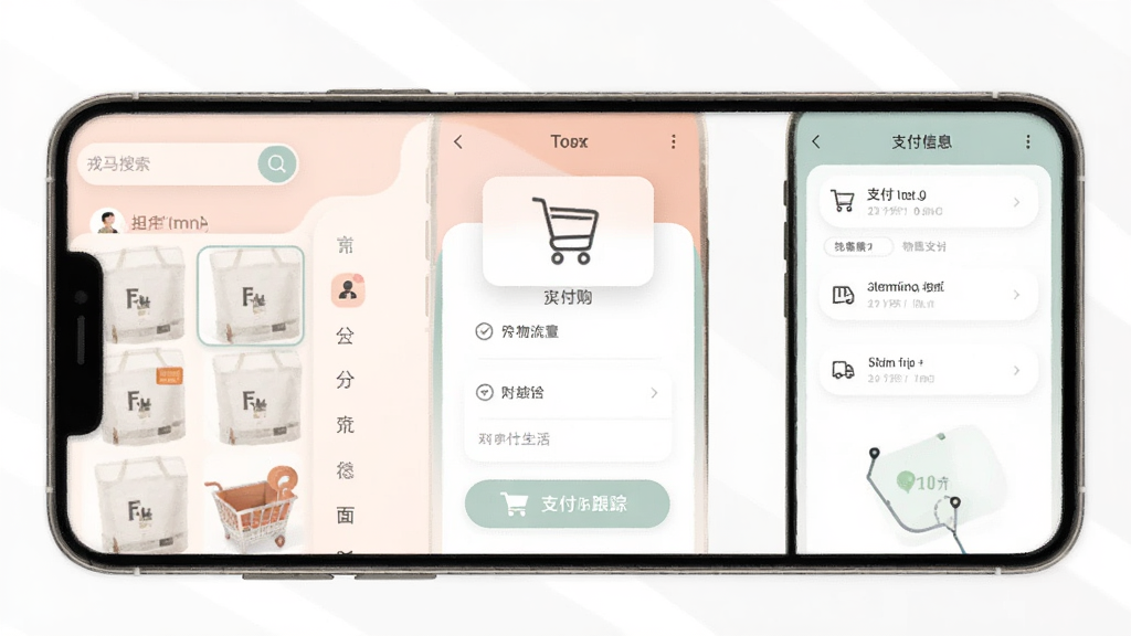 戎马生活APP购物流程界面,展示商品搜索框、分类导航栏、购物车图标、支付页面与物流跟踪信息,手机屏幕中各个功能模块排列有序,配色柔和,风格现代简约,画质清晰,干净无多余元素