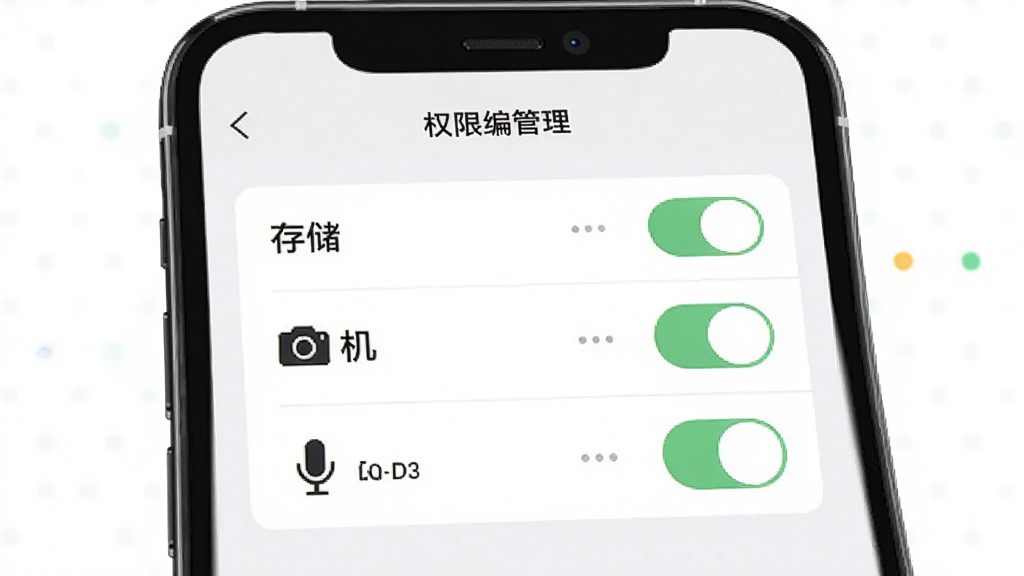 融媒采编安装设置界面示意图,手机屏幕中显示权限管理页面,包含存储、相机、麦克风等权限开关,界面清晰,浅色背景,扁平化设计风格,高清画质,无多余元素