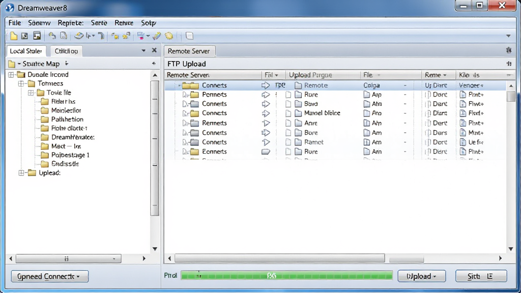 Dreamweaver8站点管理面板与FTP上传设置界面,主体为软件窗口显示站点地图与远程服务器文件列表,布局为左侧本地文件树、右侧远程文件列表,风格为写实软件界面,细节包含连接按钮、上传进度条、文件夹图标,画质高清,干净,无多余元素
