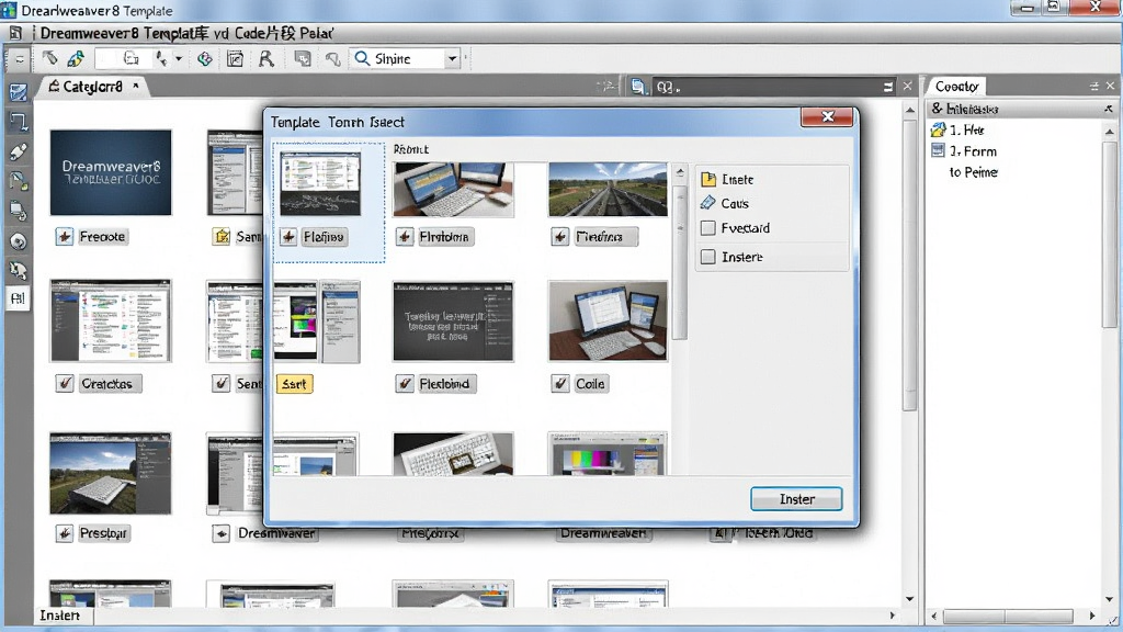 Dreamweaver8模板库与代码片段面板展示,主体为软件窗口弹出模板选择对话框,布局为缩略图网格排列,风格为写实软件界面,细节包含模板预览图、分类标签、插入按钮,画质清晰,干净,无多余元素