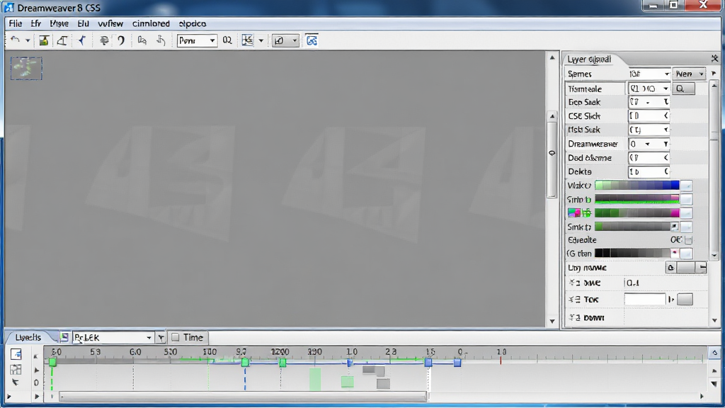 Dreamweaver8 CSS样式定义面板与层动画时间轴界面,主体为软件窗口右侧样式面板与底部时间轴,布局为上下结构,风格为写实软件界面,细节包含属性列表、颜色选择器、关键帧标记,画质高清,干净,无多余元素
