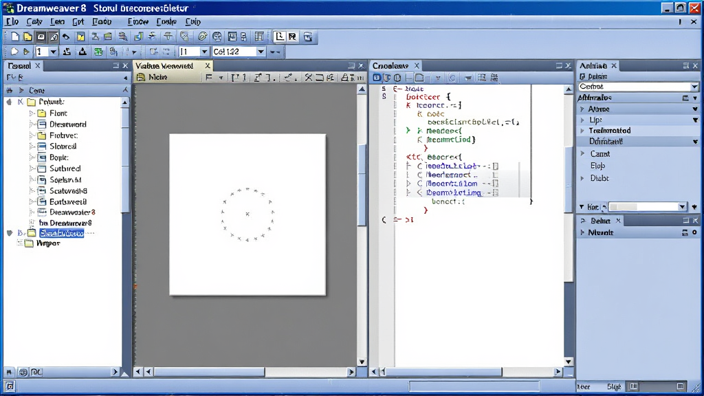 Dreamweaver8软件启动界面与代码编辑区全景展示,主体为经典蓝色软件窗口,左侧为文件面板,中间为可视化设计视图与代码视图分屏,右侧为属性检查器,布局清晰规整,风格为写实软件截图风,细节包含菜单栏、工具栏、标签选择器,画质高清,干净,无多余元素