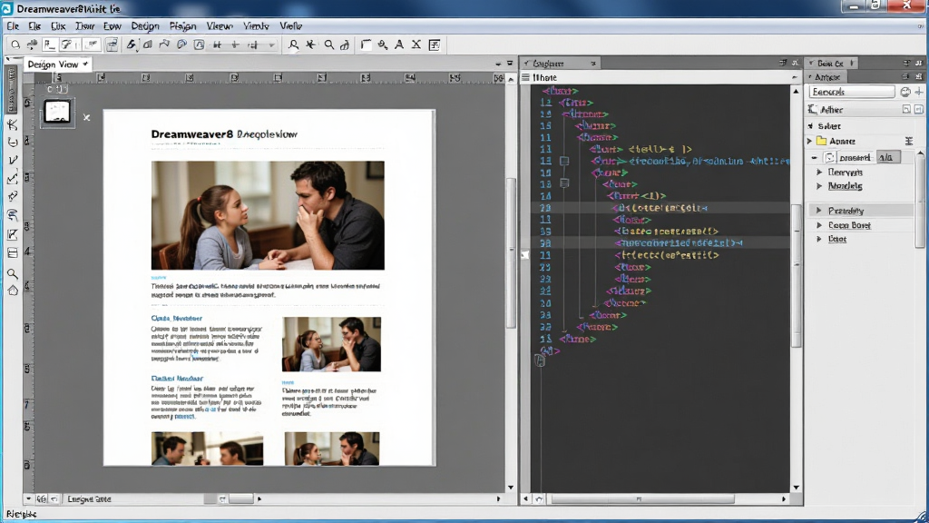 Dreamweaver8双视图工作界面,主体为软件窗口中央同时展示设计视图与代码视图,布局为左右分栏,左侧可视化页面显示图文混排,右侧代码区高亮显示HTML标签,风格为写实软件界面,细节包含标签栏、属性面板、滚动条,画质清晰,干净,无多余元素