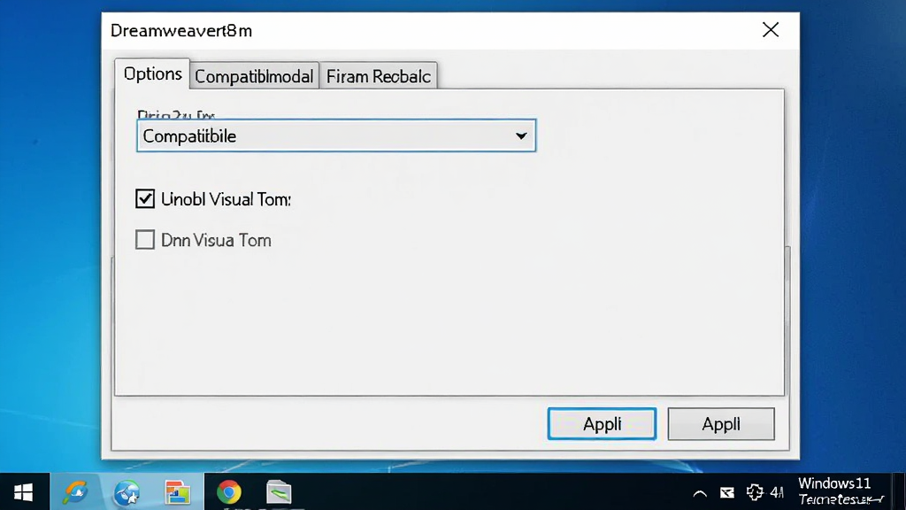 Dreamweaver8在Windows11系统上的兼容性设置窗口,主体为软件属性对话框,布局为选项卡式,风格为写实系统界面,细节包含兼容模式下拉菜单、禁用视觉主题勾选框、应用按钮,画质清晰,干净,无多余元素