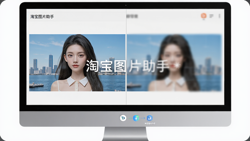 淘宝图片助手智能解析高清原图展示,主体为电脑屏幕上的图片对比效果,布局为左右分屏对比,排版简洁,风格为写实科技风,细节包含高清图片与模糊图片的对比,界面中出现文字