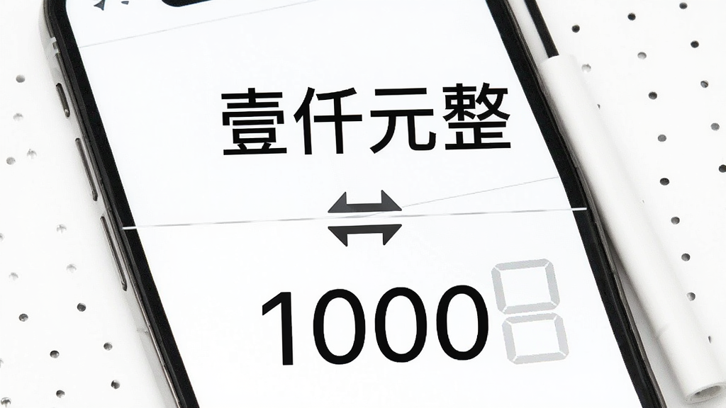 一张展示大写转换软件双向转换功能的图片,画面中一部手机屏幕分为上下两部分,上部显示大写中文“壹仟元整”,下部显示小写数字“1000”,中间有双向箭头图标,背景为白色,风格素雅极简,细节清晰,画质干净,无多余元素。