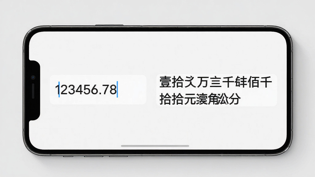 一张展示大写转换软件金额转换功能的图片,画面中一部手机横屏显示,屏幕左侧输入框显示数字“123456.78”,右侧输出框显示“壹拾贰万叁仟肆佰伍拾陆元柒角捌分”,背景为浅灰色,画面风格简约现代,细节清晰,画质干净,无多余元素。