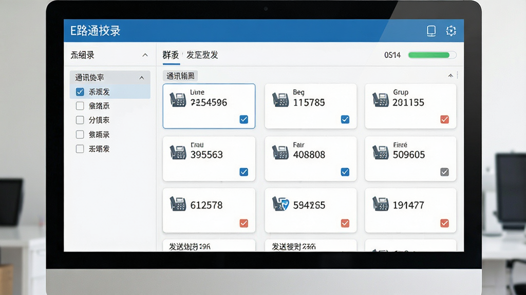 一张E路通电子传真批量群发功能的示意图,画面主体为电脑屏幕中显示通讯录分组列表与群发勾选界面,多个传真号码以卡片形式排列,布局为左右分栏构图,风格为现代办公软件界面风格,细节包括分组标签、勾选标记、发送进度条、传真图标,画质高清干净,无多余元素