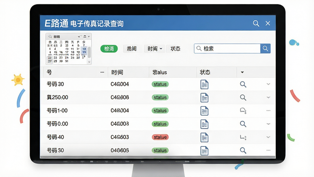 一张E路通电子传真记录查询界面的展示图,画面主体为电脑屏幕中显示传真历史记录列表与检索条件栏,列表内包含号码、时间、状态等字段,布局为上下结构,风格为清爽数据管理界面风格,细节包括日历筛选器、状态标签、放大镜图标、传真文档小图标,画质高清干净,无多余元素