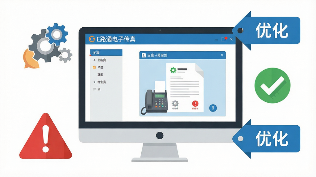 一张E路通电子传真使用技巧与注意事项的提示图,画面主体为电脑屏幕显示E路通电子传真设置界面与传真预览窗口,屏幕旁有红色警示标志与蓝色优化提示标签,布局为居中构图,风格为扁平化信息提示插画,细节包括齿轮设置图标、传真文档预览、对勾与感叹号符号、干净背景,画质高清干净,无多余元素