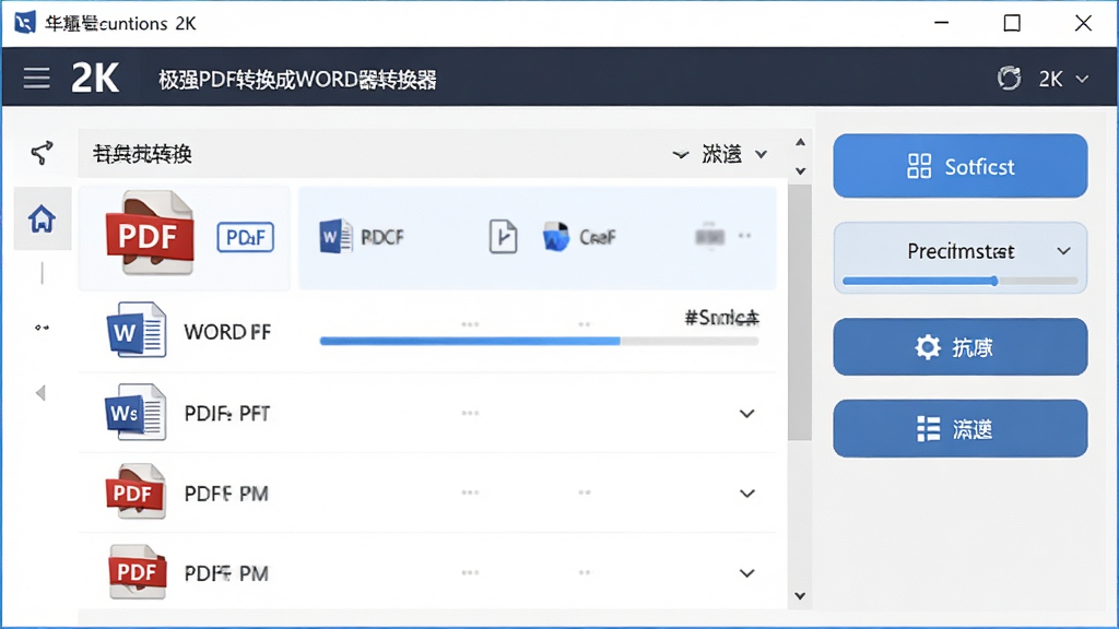 极强PDF转换成WORD转换器软件主界面展示,主体为软件窗口打开状态,布局为中央转换列表区域与右侧功能按钮,排版清晰有序,风格为现代简约商务风,细节包括PDF文件图标、Word文档图标、转换进度条、功能菜单栏,画质为高清2K,干净无多余元素