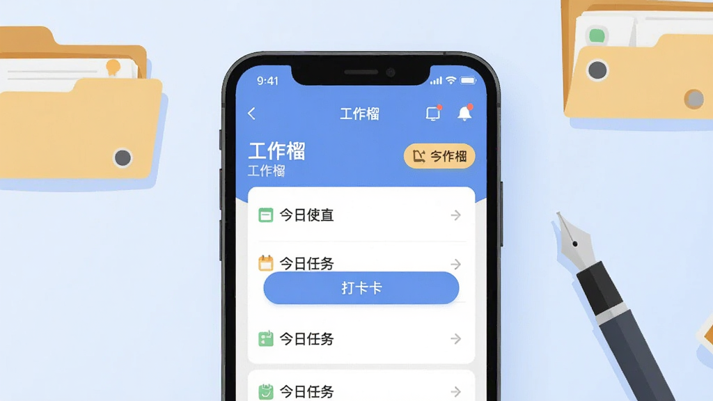 画面主体是一部智能手机,屏幕上显示工作榴应用的主界面,包含任务列表、打卡按钮和消息通知图标;布局为手机居中展示,背景为简洁的浅蓝色渐变;排版上手机屏幕内容清晰可见,周围点缀少量办公元素如文件夹和钢笔;风格为现代扁平化UI插画;细节上屏幕内文字标注“工作榴”和“今日任务”;画质清晰,干净,无多余元素