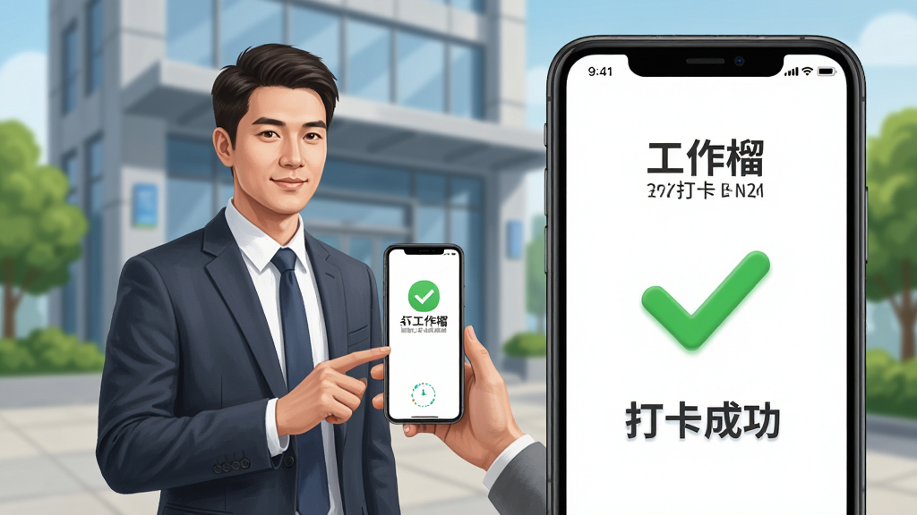 画面主体是一位职场人士站在办公楼前用手机打卡,手机屏幕显示工作榴打卡成功界面;布局为人物在左侧,手机界面放大展示在右侧;排版上突出打卡成功的绿色对勾图标;风格为写实商务插画;细节上背景有办公楼和绿植,手机屏幕显示“工作榴”和“打卡成功”字样;画质清晰,干净,无多余元素