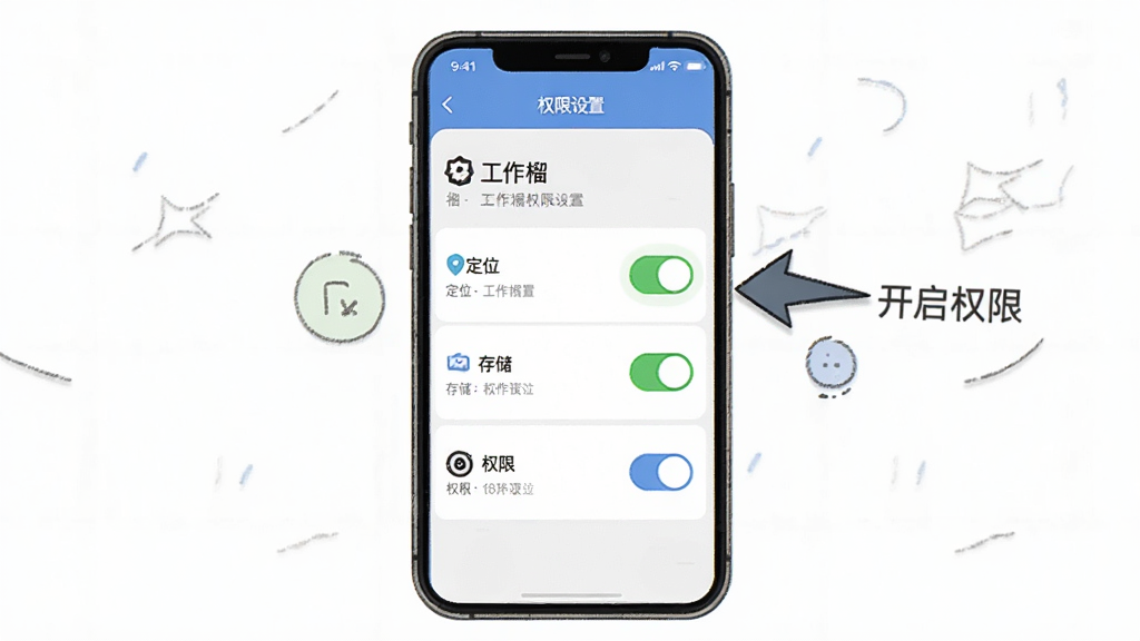 画面主体是手机屏幕显示工作榴权限设置页面,包含定位、存储、相机权限开关;布局为手机居中,旁边有箭头指示开启权限;排版上突出定位权限的绿色开启状态;风格为简洁教程插画;细节上屏幕内标注“工作榴”和“权限设置”;画质清晰,干净,无多余元素