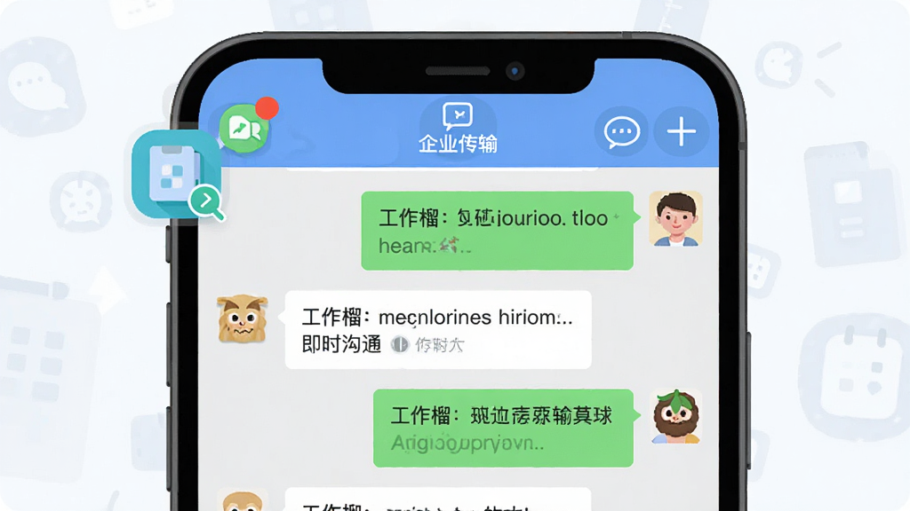 画面主体是工作榴聊天界面,显示群聊对话和文件传输记录;布局为手机屏幕居中,对话气泡左右分布;排版上突出企业通讯录图标和消息通知红点;风格为清新扁平化插画;细节上屏幕内标注“工作榴”和“即时沟通”;画质清晰,干净,无多余元素